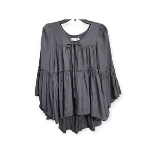 JOH Gray Slate Boho Long Sleeve Flowy Tie Front Tiered Sleeves Peasant Blouse, M